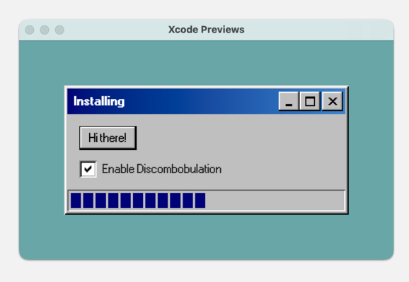 Demonstration of the windows 98-style ui kit in an xcode preview
