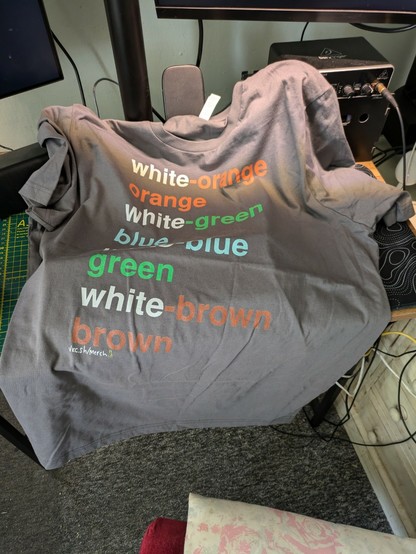 A t-shirt with T568B colour codes printed on it