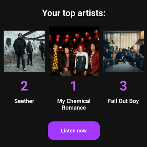June's top artists from my music app - MCR, Seether, and Fall Out Boy, honorable mention... AC/DC