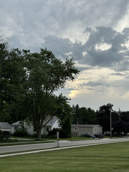 Houses, a street, lush green grass, and trees under a cloudy sky at dawn. 