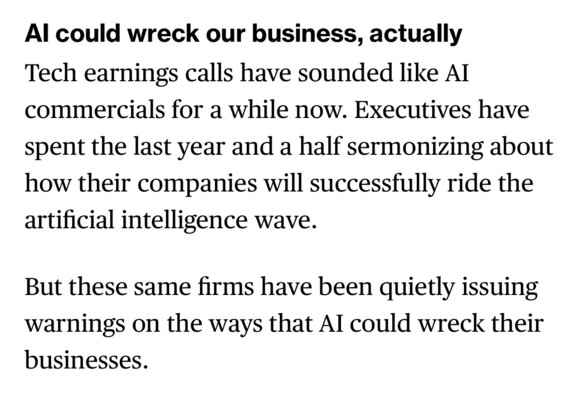 AI could wreck our business, actually
Tech earnings calls have sounded like AI commercials for a while now. Executives have spent the last year and a half sermonizing about how their companies will successfully ride the artificial intelligence wave.

But these same firms have been quietly issuing warnings on the ways that AI could wreck their businesses.