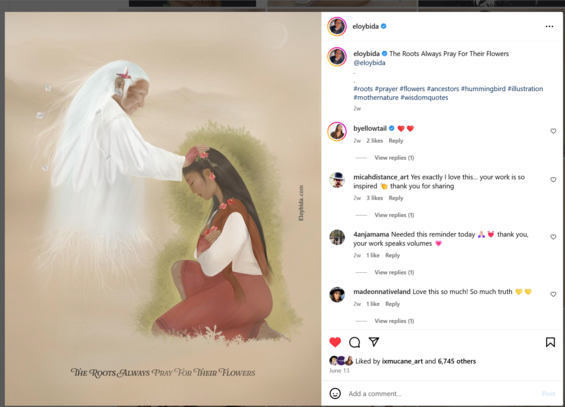 instagram screenshot, laptop image.  Left side has ghostly Native American elder in white standing facing left, with hand laid in benediction on living person who is kneeling facing them, hands crossed on their chest & head bowed.  On the right is a column of comments.  