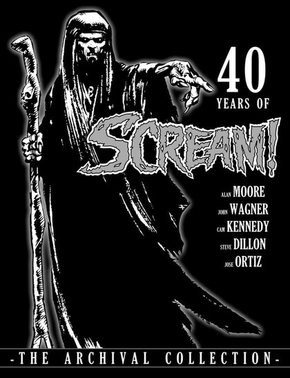 The cover of 40 Years of Scream! - a black cover with a hooded, ominous figure pointing at the reader and holding a staff