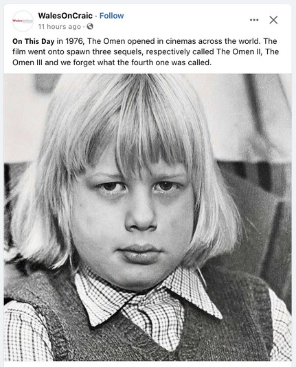 Facebook post from WalesOnCraic, dated today.

Black-and-white photograph of Boris cuntface Johnson, looking particularly surly, as a child.

Caption: 