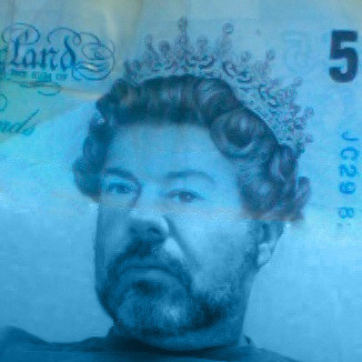 a picture of the top of a 5 pound note showing the queen, with the bottom half of my bearded face below it.