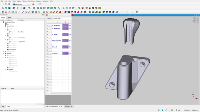 screenshot FreeCAD with the parametric design of the wall mount / lamp holder