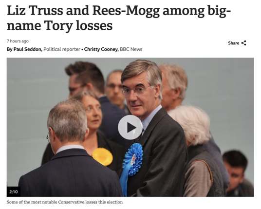 Headline reads: Liz Truss and Reed-Mogg among big-name Tory losers. 

Accompanied by a photo of Jacob Rees-Mogg wearing the blue rosette of a conservative candidate. 