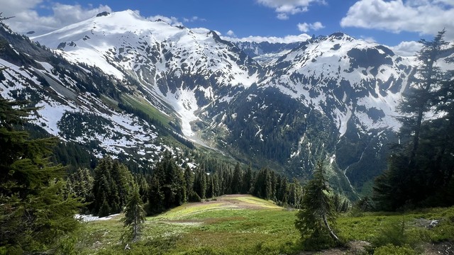 Wide view of an alpine meadow with a foot trail meandering across it. Beyond the meadow is the far side of the valley which rises precipitously into snow capped peaks. Glacier is visible on the most distant of them. 