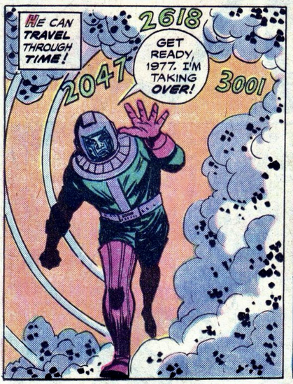 Kang the Conqueror walks apparently traveling through time surrounded by smoke. Floating above him are the numerals for the years of 2047, 2618, 3001