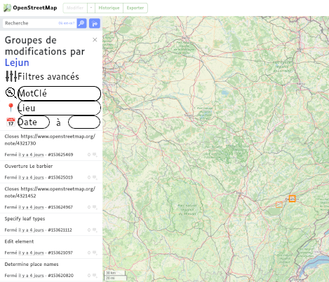 Capture d'écran de l'historique de contribution sur le site OpenStreetMap, avec de nouvelles options « Filtre avancé » sous lequel on retrouve 3 filtres : mot clé, lieu, et date (de... à...).
