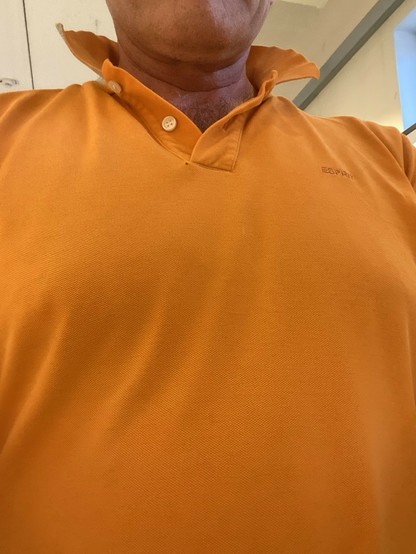Person wearing an orange polo shirt 