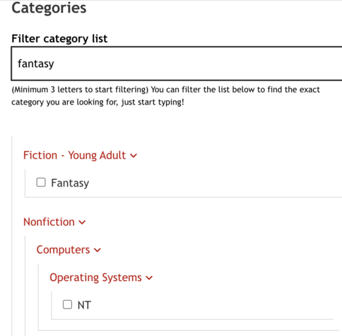 A form on Kobo to select the proper categories for an audiobook. The filter is set to 