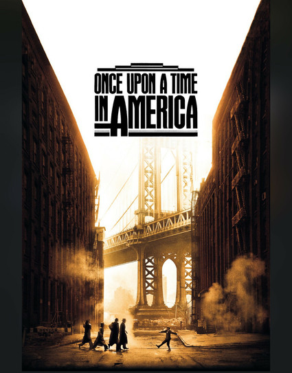 Poster for the movie “once upon a Time in America”. It shows people back in the day walking by what I think is the Brooklyn Bridge. Font at the top and stylize Black.