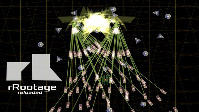 Shapes and bullets on a screen depicting the shmup bullet hell of rRootage.