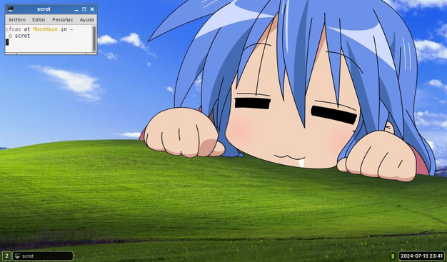 A screenshot from a computer desktop. There's a terminal window on the top-left corner and the wallpaper has the anime character Konata Izumi over the Windows XP wallpaper.