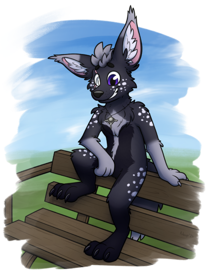 Drawing of an anthro fennec sitting on the backrest of a wooden bench