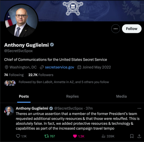 Anthony Guglielmi @SecretSvcSpox
Chief of Communications for the United States Secret Service
• Washington, DC
• secretservice.gov
| Joined May 2022

