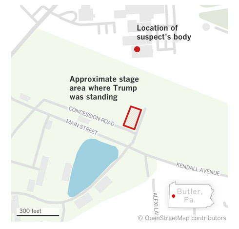 Map with annotation showing location of Trump at rally with the location of the suspected shooter at a nearby rooftop and adjacent law enforcement snipers 
