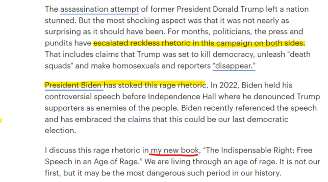 screen captured excerpt from Jonathan Turley's op-ed in The Hill claiming both sides stoke political violence.

Excerpt text: 