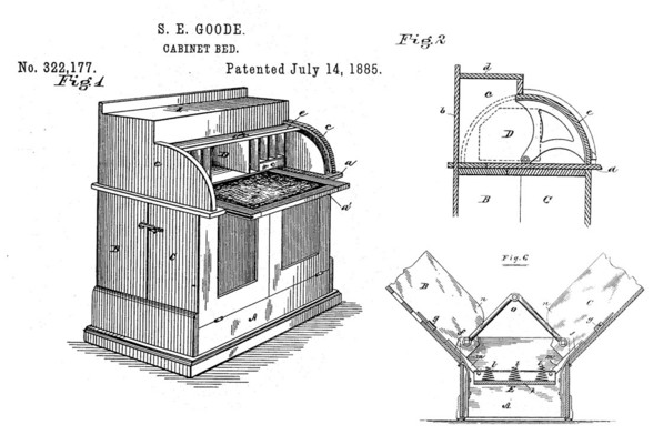 The patent drawings for the Cabinet bed with Sarah's name on it. It's a desk that converts into a bed.