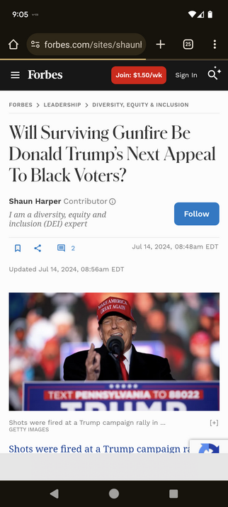 Forbes article written by Shaun Harper. The authors byline claims he is an expert in DEI.

Article headline asks is being shot at will thel Trump win black voters.