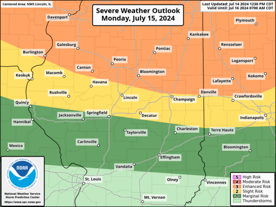 Severe Weather Outlook for Monday in Illinois. Most of Illinois north of Springfield is in at least a slight risk (2nd highest out of 5) with areas north of Lincoln in an enhanced risk (3rd highest out of 5).