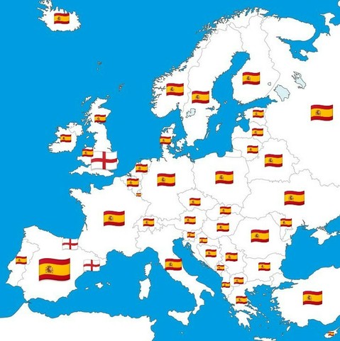 Map of Europe with every European country but England, Catalonia and the Basque country supporting Spain. (Obviously Scotland and Wales also support Spain)