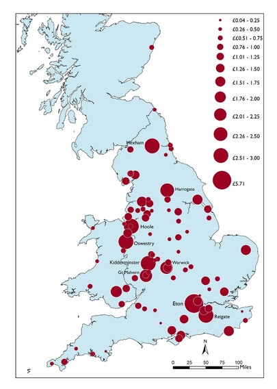 Map of Britain showing per capita spend on sewerage systems expressed in graduated red dots against a blue background. Eton, Reigate, Kidderminster, Oswestry, Hexham and Harrogate stand out as bigger spenders.