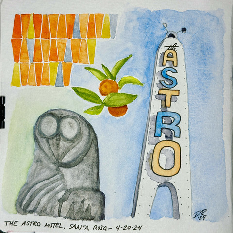 A watercolor montage of images on toned gray paper: a tall riveted steel sign with vertical raised letters in orange and blue spelling “Astro”, with “the” written in cursive above the main letters. A cluster of oranges with green leaves. A section of pattern trapezoidal tiles in reddish orange, mustard yellow and light steel blue. A stylized concrete statue of an owl. The background is painted in blue and green. 