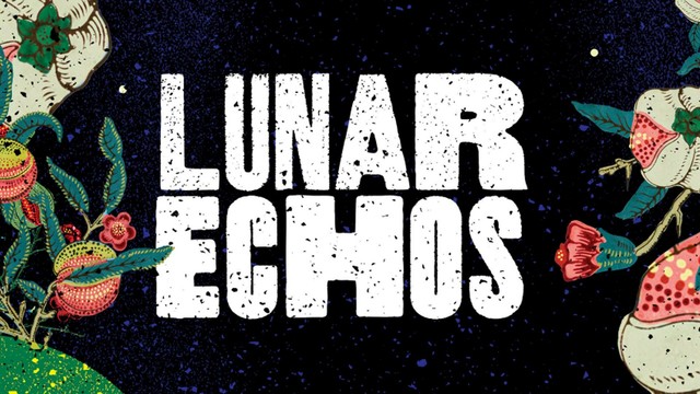 A silkscreen style colourful print of strange and alien plants that creep towards the words, "Lunar Echos"