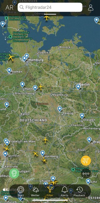 Screenshot aus Flight Radar: Deutschland fast ohne Flugverkehr 