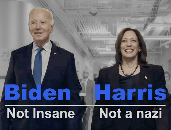 Photo of Joe Biden and Kamala Harris walking down a hallway, toward the camera, both smiling. Lower third, two lines of text. Top line says 