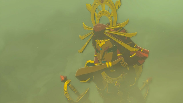 Tears of the Kingdom Screenshot: Riju, chief of the Gerudo, shielding herself from a sand storm.