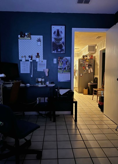 photo of semi-dark room. through the doorway a lit up kitchen. cat somewhere