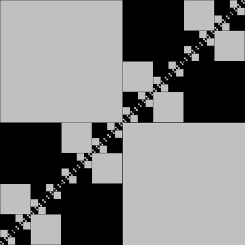 Fractal composed of a square divided into quadrants where the top left and bottom right are white, and the top right and bottom left are subdivided into smaller quadrants where the top left and bottom right are black, and the top right and bottom left are subdivided into smaller quadrants where the top left and bottom right are made white, and so on.