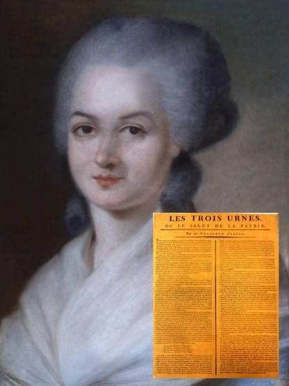Ein Pastell von Alexander Kucharski mit dem Portrait von Olympe de Gouges in weißem Oberteil, grauem Haar und braunen Augen. Unten rechts ins Bild eingefügt das gelbe Plakat mit dem Titel 