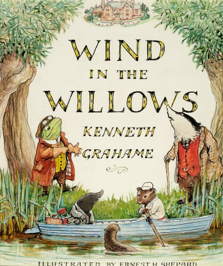 Book. Cover
The Wind in the Willows by Kenneth Grahame
It shows Rat (water vole) and Mole in a rowing boat with Mr Toad and Badger on the bank