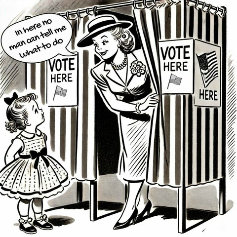 A cartoon of a nicely dressed woman with a flower on her lapel, pearl necklace and hat standing inside a voting booth with the curtain held back by her hand. There are three 