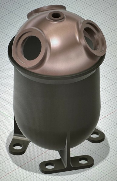 A 3D-rendered image of a metal cylindrical pressure vessel with a dome-shaped top, multiple openings, and mounting brackets at the base.