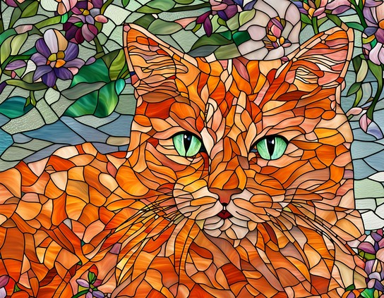 Stained glass reclining ginger cat.
