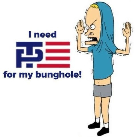 An animated character Beaviscor Butthead with a pulled-up shirt over their head, displaying a logo with "I need TP for my bunghole!" written next to it.