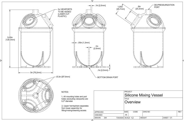 Technical drawing of a silicone mixing vessel, showing front, side, and top views with dimensions and annotations. Major features include viewports, depressurization and bottom drain ports, and notes on diameter of mounting and port holes.