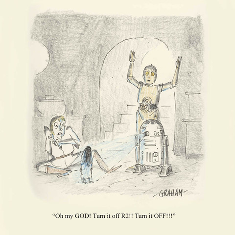A cartoon illustration of Luke Skywalker watching R2D2 play a holographic recording of the girl from The Ring as C3PO is panicking and saying 
