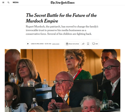 The Secret Battle for the Future of the Murdoch Empire
Rupert Murdoch, the patriarch, has moved to change the family’s irrevocable trust to preserve his media businesses as a conservative force. Several of his children are fighting back.