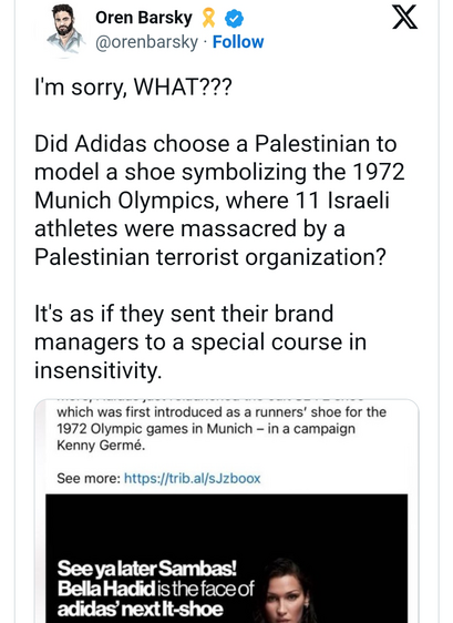Did Adidas choose a Palestinian to model a shoe symbolizing the 1972 Munich Olympics

Source on Twitter
https://x.com/orenbarsky/status/1813792638975578177