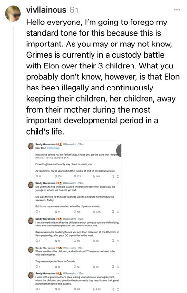 Post on threads by vivllainous:

Hello everyone, l'm going to forego my standard tone for this because this is important. As you may or may not know, Grimes is currently in a custody battle with Elon over their 3 children. What you probably don't know, however, is that Elon has been illegally and continuously keeping their children, her children, away from their mother during the most important developmental period in a child's life.