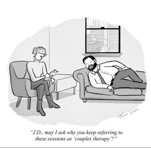 Cartoon depicting a bearded man lying on a therapist's couch, while the therapist, seated opposite, asks, 