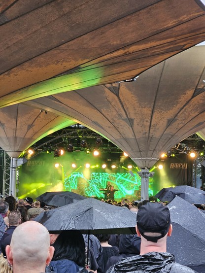 Im Vordergrund schwarz gekleidete Menschen mit Regenjacke und Schirmen von hinten, die unter der pilzähnlichen Dachkonstruktion des Kölner Tanzbrunnens stehen. Weiter dahinter eine Bühne mit grünen Licheffekten. Auf der Bühne sieht man den Sänger der Band Project Pitchfork, Peter Spiller. 