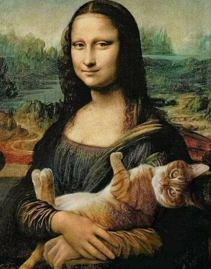 Mona Lisa painting. Mona Lisa is holding a tiger stripped taby.
