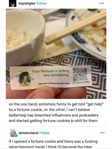 user @impishglee on some platform posts a picture of a half eaten meal in a Chinese restaurant. They are holding up the back of a fortune cookie slip, which says 